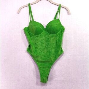 Pretty Little Thing Swimsuit Women 4 Green One Piece Tank High Cut Terry Towel